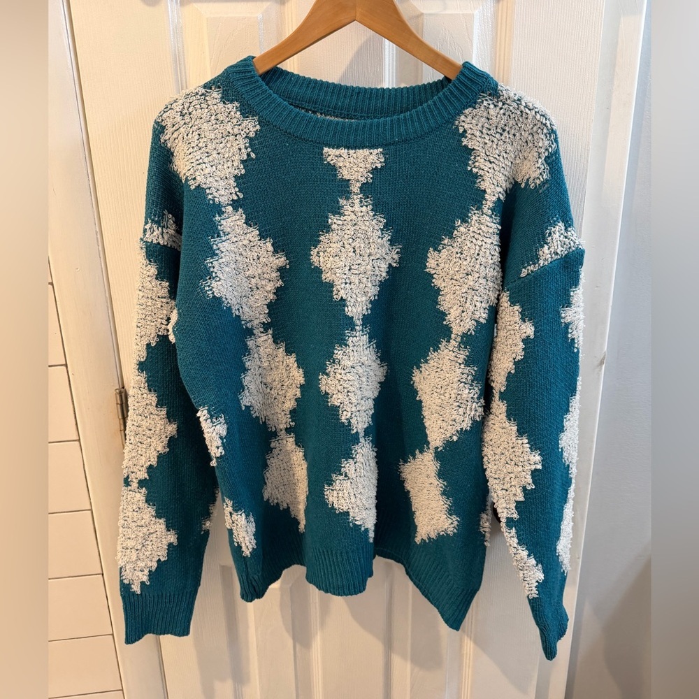 Teal and White Patterned Women's Sweater